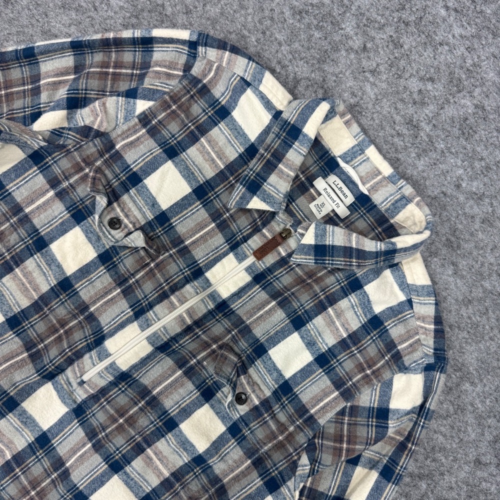 LL Bean Mens XL Relaxed Fit Quarter Zip Plaid Flannel Pullover Shirt 517557 Blue